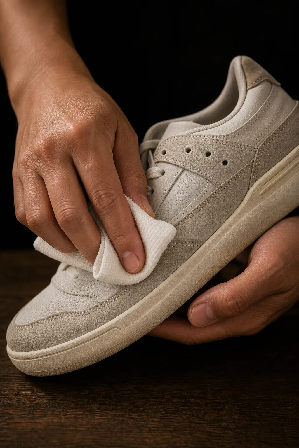 A specialist wiping a cream suede sneaker with a soft cloth