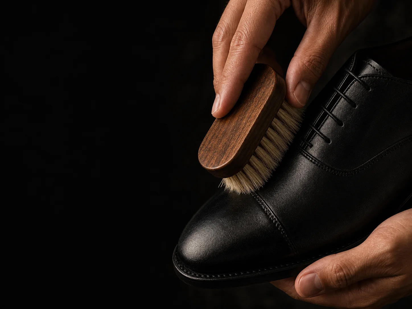A specialist brushing a black leather shoe with the bristles in contact with the material