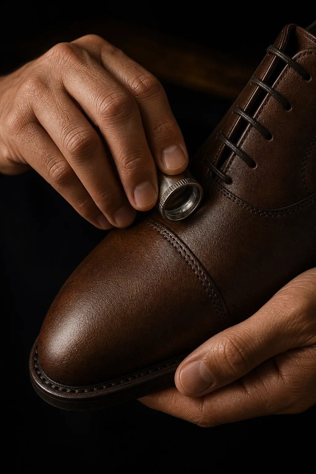 A specialist inspecting the leather of a brown dress shoe with a magnifier